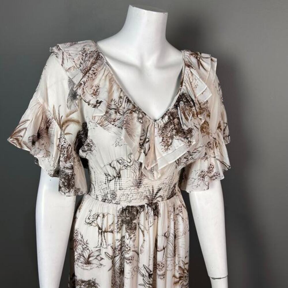Sandro Dress 34 / XS / 2 Midi Toile‎ Ruffle Safari Print Cotton Victorian Jolay - Picture 11 of 16